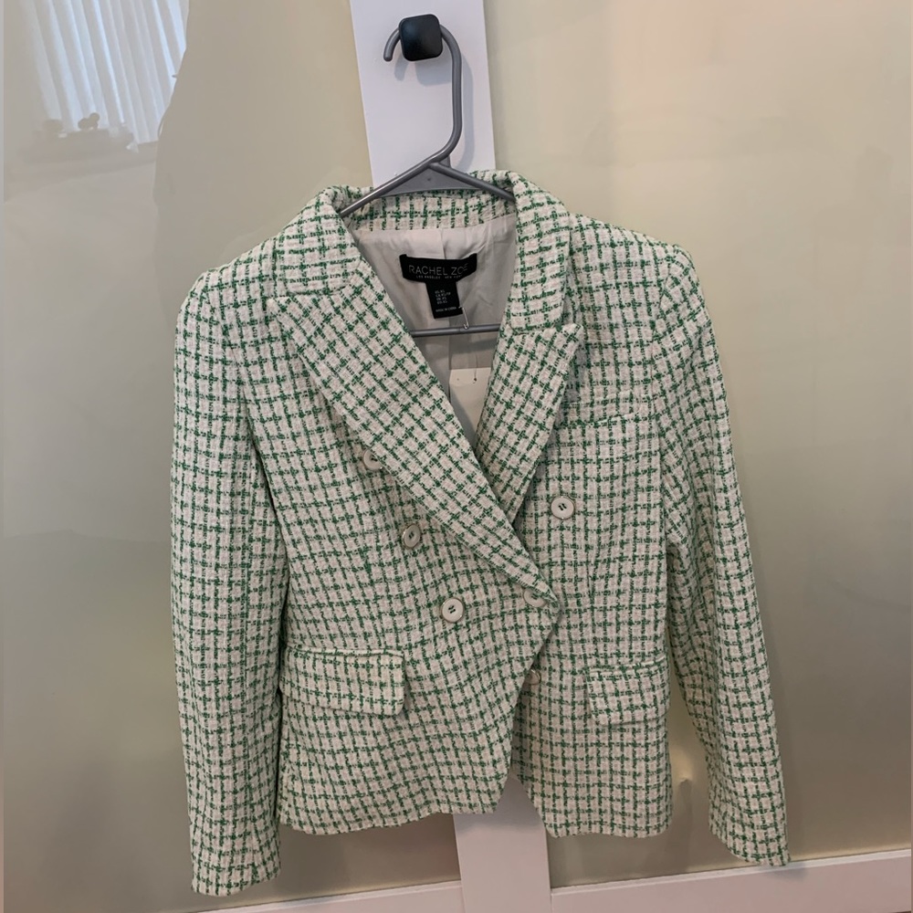 Rachel Zoe Green and White Tweed Double-Breasted Blazer